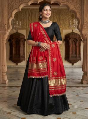 Red mirror work rayon embroidered dupatta 1