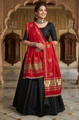 Red mirror work rayon embroidered dupatta
