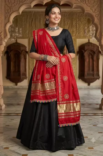 Red mirror work rayon embroidered dupatta