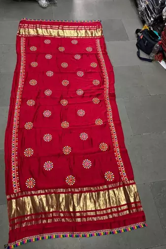 Red mirror work rayon embroidered dupatta