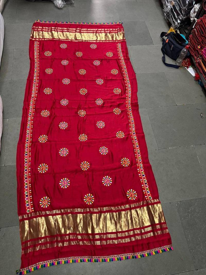 Red mirror work rayon embroidered dupatta