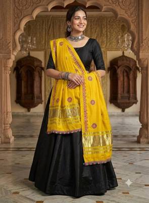 Yellow mirror work rayon embroidered dupatta 1