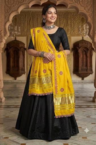 Yellow mirror work rayon embroidered dupatta