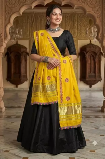 Yellow mirror work rayon embroidered dupatta