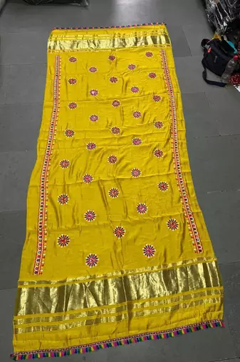 Yellow mirror work rayon embroidered dupatta