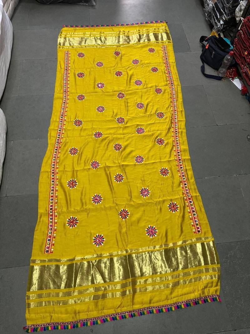Yellow mirror work rayon embroidered dupatta