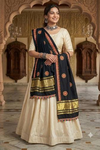 Black mirror work rayon embroidered dupatta