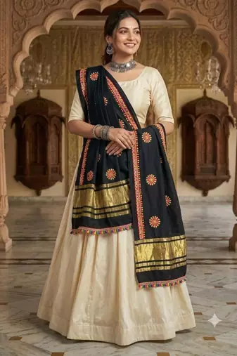 Black mirror work rayon embroidered dupatta