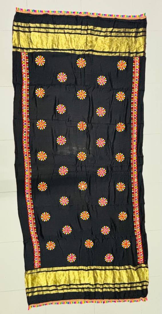 Black mirror work rayon embroidered dupatta