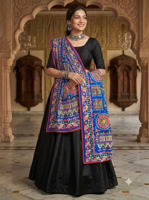 Blue mirror work dupion silk embroidered dupatta 1