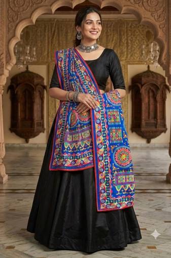 Blue mirror work dupion silk embroidered dupatta