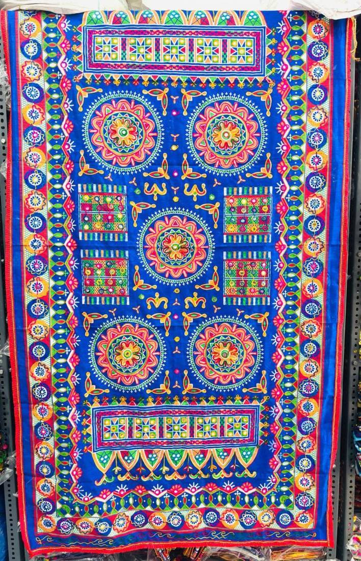 Blue mirror work dupion silk embroidered dupatta