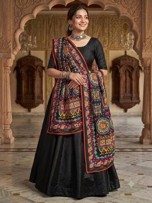 Black mirror work dupion silk embroidered dupatta 1