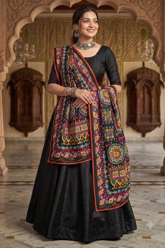 Black mirror work dupion silk embroidered dupatta