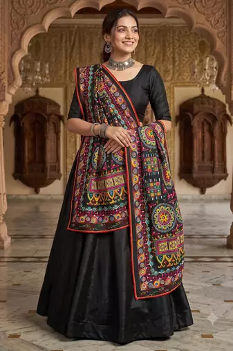 Black mirror work dupion silk embroidered dupatta