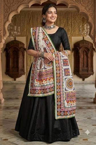 White mirror work dupion silk embroidered dupatta