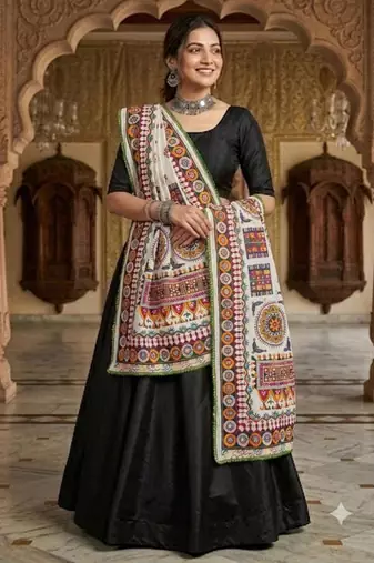 White mirror work dupion silk embroidered dupatta