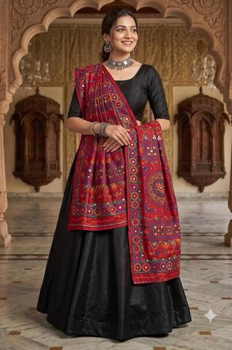 Maroon mirror work dupion silk embroidered dupatta