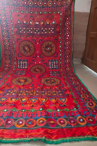 Maroon mirror work dupion silk embroidered dupatta