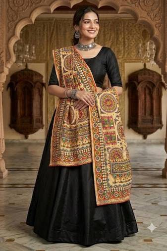 Cream mirror work dupion silk embroidered dupatta