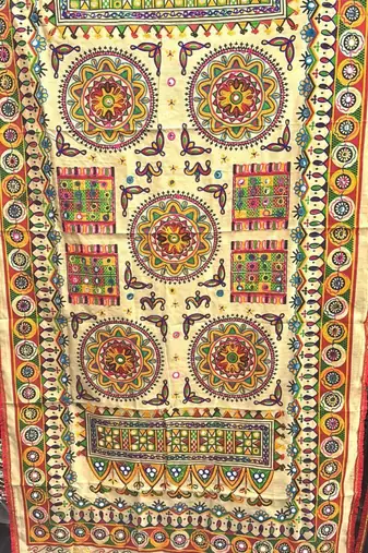 Cream mirror work dupion silk embroidered dupatta