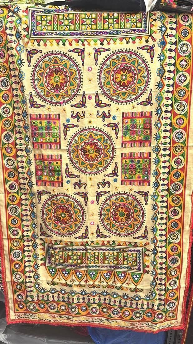 Cream mirror work dupion silk embroidered dupatta