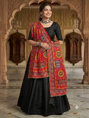 Red mirror work dupion silk embroidered dupatta 1