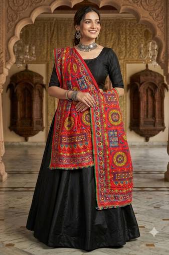Red mirror work dupion silk embroidered dupatta