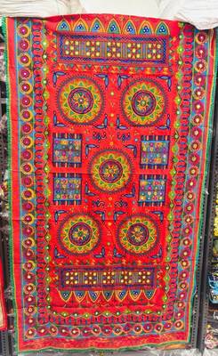 Red mirror work dupion silk embroidered dupatta 2