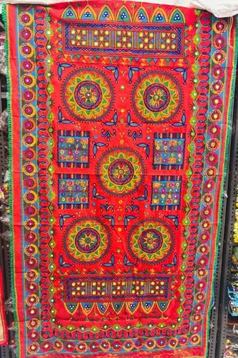 Red mirror work dupion silk embroidered dupatta