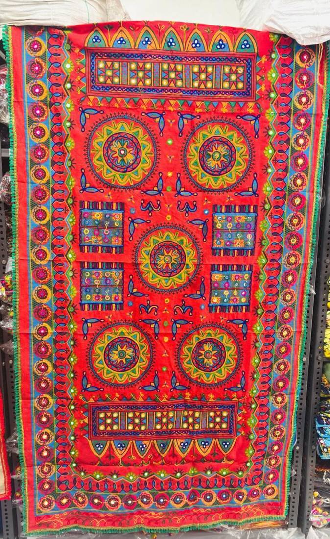 Red mirror work dupion silk embroidered dupatta