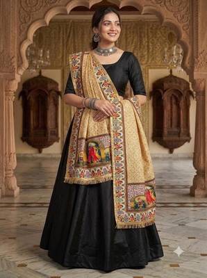 Cream mirror work silk blend printed dupatta 1