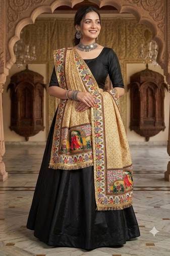 Cream mirror work silk blend printed dupatta
