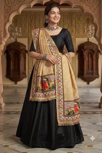 Cream mirror work silk blend printed dupatta