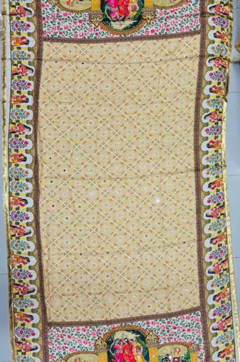 Cream mirror work silk blend printed dupatta