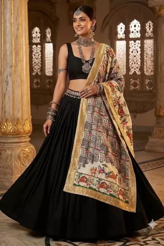 Cream mirror work silk blend printed dupatta