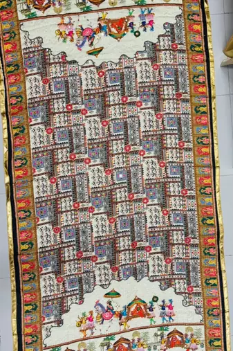 Cream mirror work silk blend printed dupatta