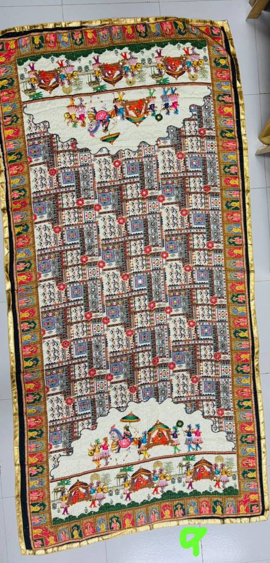 Cream mirror work silk blend printed dupatta
