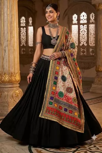 Multicolor mirror work silk blend printed dupatta
