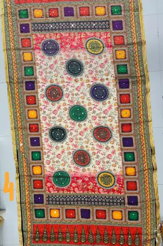 Multicolor mirror work silk blend printed dupatta