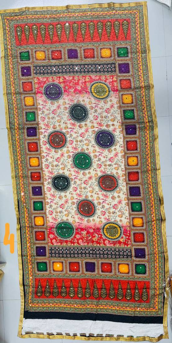 Multicolor mirror work silk blend printed dupatta