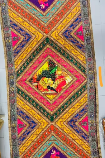 Multicolor mirror work silk blend printed dupatta