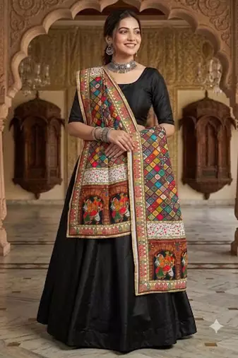 Multicolor mirror work silk blend printed dupatta