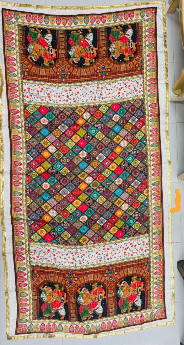 Multicolor mirror work silk blend printed dupatta