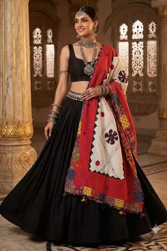 Red embroidered cotton poly mirror work dupatta