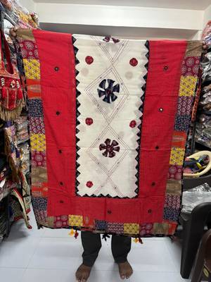 Red embroidered cotton poly mirror work dupatta 2