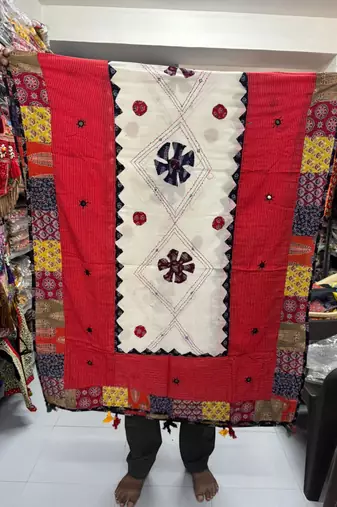 Red embroidered cotton poly mirror work dupatta