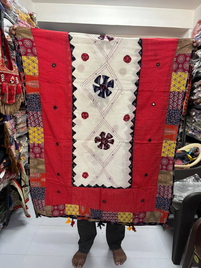 Red embroidered cotton poly mirror work dupatta