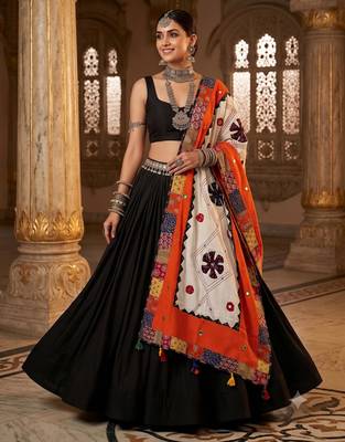 Orange embroidered cotton poly mirror work dupatta 1