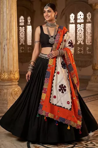 Orange embroidered cotton poly mirror work dupatta